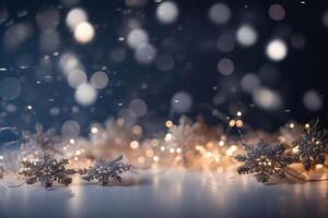 A beautiful christmas background with stars and snowflakes and soft bokeh lights on a light background created with technology. photo