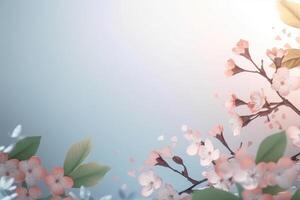 A beautiful spring background with leaves and little flowers on a light background created with technology. photo