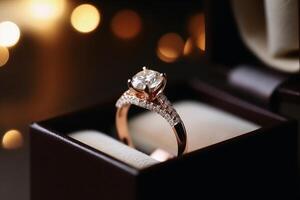 A beautiful wedding ring in the box with sparkling light created with technology. photo