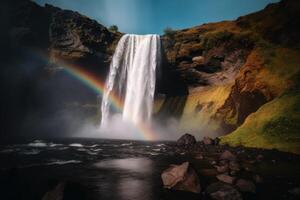 A beautiful moonbow in front of a waterfall created with technology. photo