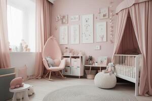 A babys room in pastel pink created with generative AI technology. photo