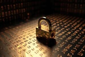 A lock on a cyber security background prevents hacking in the network created with technology. photo