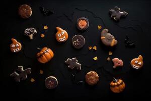 Top view on spooky halloween cookies on a dark background created with technology. photo