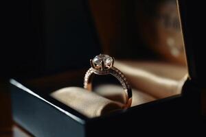 A beautiful wedding ring in the box with sparkling light created with technology. photo