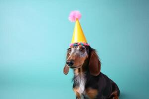 A cute dog with a party hat and party glitter created with technology. photo