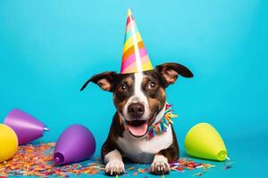 A cute dog with a party hat and party glitter created with technology. photo