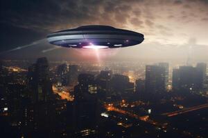 A big UFO above a modern city in the sky created with technology. photo