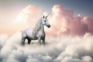 A beautiful unicorn surrounded by soft clouds created with technology. photo