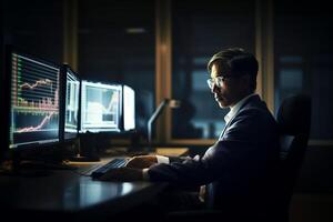 A business man ng in front of computer while checking stock market trend. The image created with AI tools photo