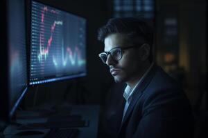 A business man ng in front of computer while checking stock market trend. The image created with AI tools photo