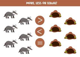 More, less or equal with cartoon badgers and burrows. vector