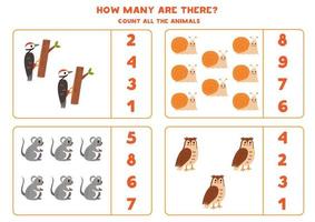 Counting game with cute woodland animals. Educational worksheet. vector