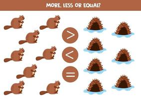 More, less or equal with cartoon beavers and lodges vector