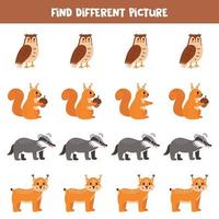 encontrar diferente bosque animal en cada fila. lógico juego para preescolar niños. vector