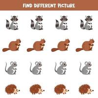 encontrar diferente bosque animal en cada fila. lógico juego para preescolar niños. vector