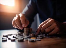 Man hand putting coin to money stack, business and financial concept. photo