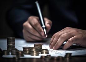 Businessman hand writing on paper with money coins stack on table photo