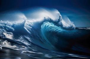 Blue ocean wave. Big waves breaking on an reef along photo