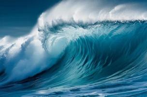 Blue ocean wave. Big waves breaking on an reef along photo