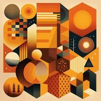 Poster in retro style of the 70s, patchwork, circles, geometric figures, abstraction and psychedelic pattern. Bright and warm color palette, shades of orange, yellow, green and pale blue. photo