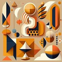 Poster in retro style of the 70s, patchwork, circles, geometric figures, abstraction and psychedelic pattern. Bright and warm color palette, shades of orange, yellow, green and pale blue. photo