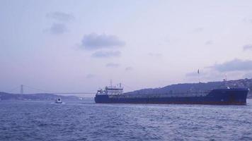 stor fartyg godkänd genom de sund. en stor kommersiell fartyg är godkänd genom de sund. där är en bro och stad se i de bakgrund. video