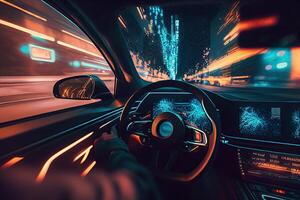 artificial inteligencia gestiona transporte. tecnológico coche sin un conductor. ai y automóvil futuro ciber generativo ai ilustración foto