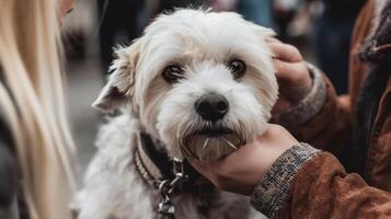 ai generado perro adopción concepto mujer caricias linda pequeño blanco perro mascota amor y cuidado generativo ai foto