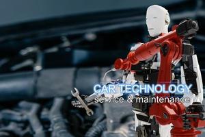 AI Arm robot worker mechanic in car station oil change ,check engine and measure level oil to change oil car repairman to fix car to check dangers caused by car robotics photo