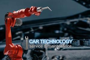 AI Arm robot worker mechanic in car station oil change ,check engine and measure level oil to change oil car repairman to fix car to check dangers caused by car robotics photo