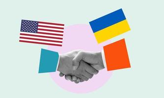 A collage of contemporary art. Two hands with American and Ukrainian flags shaking each other photo