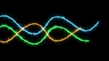 Glowing neon lines, abstract background, equalizer, signal chart, ultraviolet spectrum, laser show, impulse power, energy, chaotic waves, looped animation video