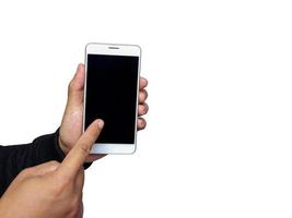 Male hand holding smartphone pointing or touching the screen. photo