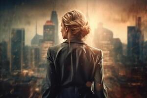 Back view of businesswoman looking at skyscrapers represents Youthful Courage in the business world photo