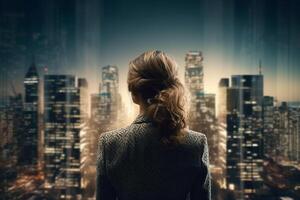 Back view of businesswoman looking at skyscrapers represents Youthful Courage in the business world photo