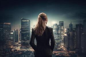 Back view of businesswoman looking at skyscrapers represents Youthful Courage in the business world photo