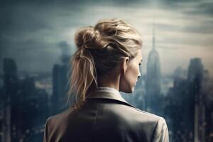 Back view of businesswoman looking at skyscrapers represents Youthful Courage in the business world photo