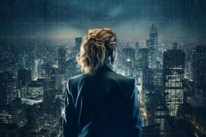 Back view of businesswoman looking at skyscrapers represents Youthful Courage in the business world photo