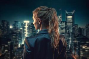 Back view of businesswoman looking at skyscrapers represents Youthful Courage in the business world photo