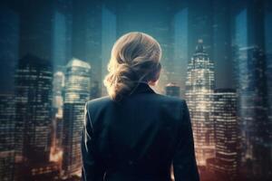 Back view of businesswoman looking at skyscrapers represents Youthful Courage in the business world photo