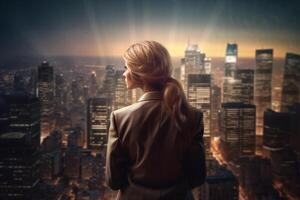 Back view of businesswoman looking at skyscrapers represents Youthful Courage in the business world photo