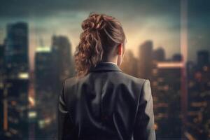 ai generativo espalda ver de mujer de negocios mirando a rascacielos representa juvenil valor en el negocio mundo foto