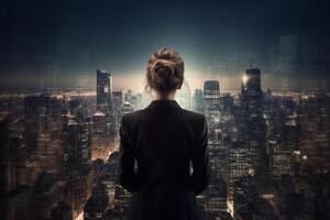 Back view of businesswoman looking at skyscrapers represents Youthful Courage in the business world photo