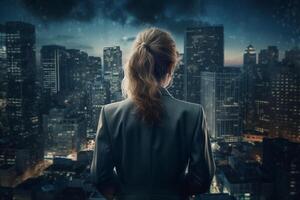 Back view of businesswoman looking at skyscrapers represents Youthful Courage in the business world photo