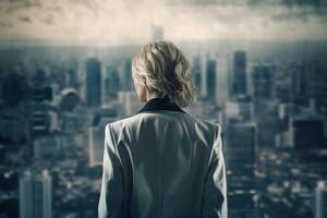 Back view of businesswoman looking at skyscrapers represents Youthful Courage in the business world photo