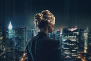 Back view of businesswoman looking at skyscrapers represents Youthful Courage in the business world photo