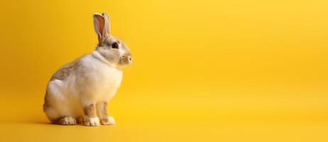 Cute Rabbit isolated on yellow background, Banner with copy space. photo