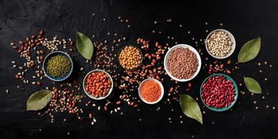 Legumes panorama, shot from the top on a black background. Lentils, soybeans, chickpeas, red kidney beans, a vatiety of pulses photo