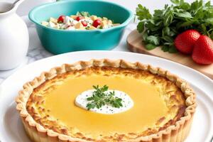 French cuisine. Cottage cheese tart with thyme in a white ceramic baking dish.Creamy soup. Creamy pumpkin pie. photo