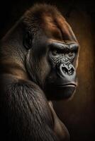 retrato de un gorila en un oscuro antecedentes. ai generado ilustración foto